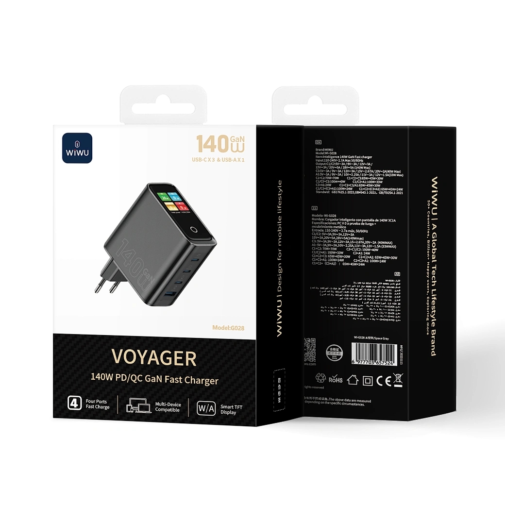 Wiwu 140W Intelligent Display GaN Charger 3C1A Wi-G028 EU Black
