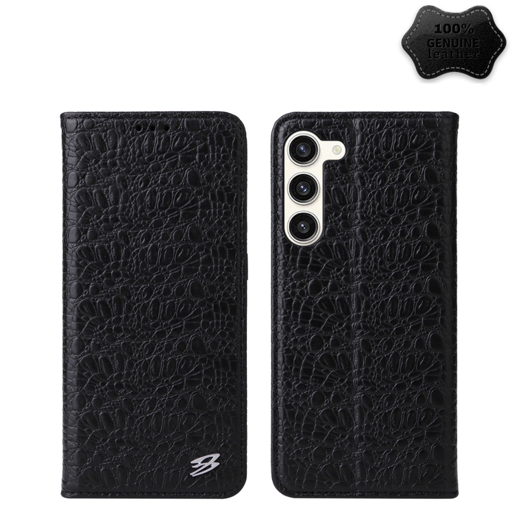 Samsung Galaxy S23 5G Fierre Shann Crocodile Texture Magnetic Genuine Piele Husa(Black)