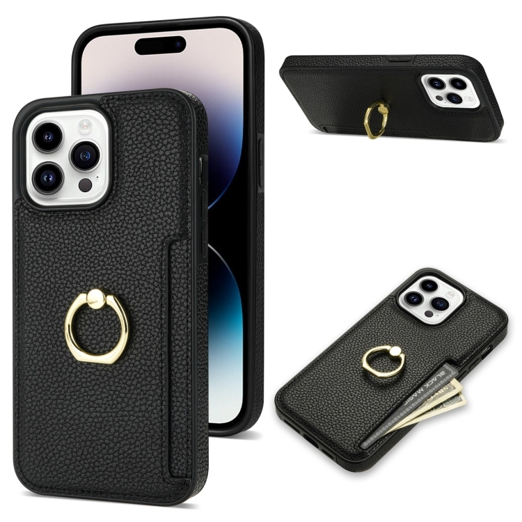 iPhone 15 Pro Max Ring Card Litchi Piele Back Husa (Black)