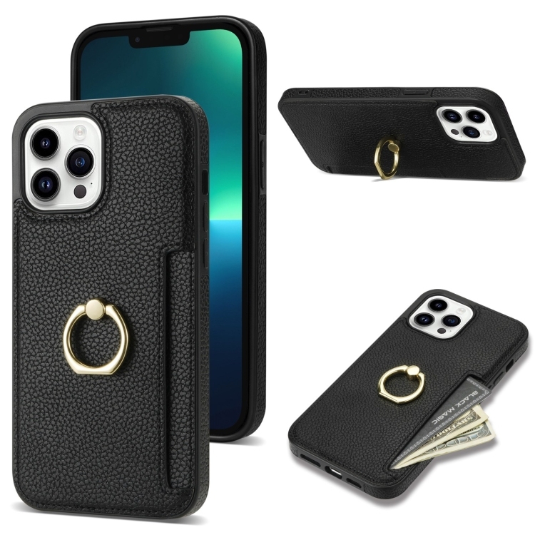 iPhone 13 Pro Max Ring Card Litchi Piele Back Husa (Black)