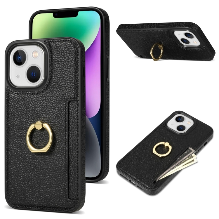 iPhone 13 Ring Card Litchi Piele Back Husa (Black)