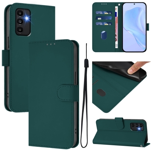 Samsung Galaxy A13 5G / 4G / A04s Skin Feel Solid Color Piele Phone Husa with Lanyard (Dark Green)