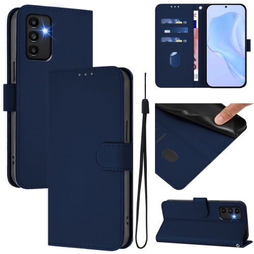 Samsung Galaxy A13 5G / 4G / A04s Skin Feel Solid Color Piele Phone Husa with Lanyard (Navy Blue)