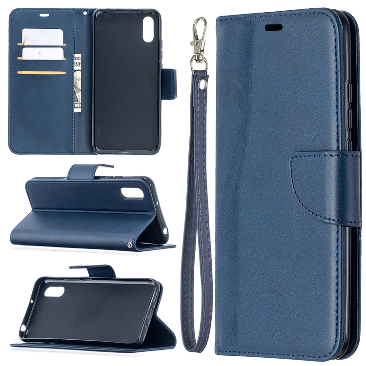 Xiaomi Redmi 9A Retro Lambskin Texture Pure Color Horizontal Carte PU Piele Husa (Blue)