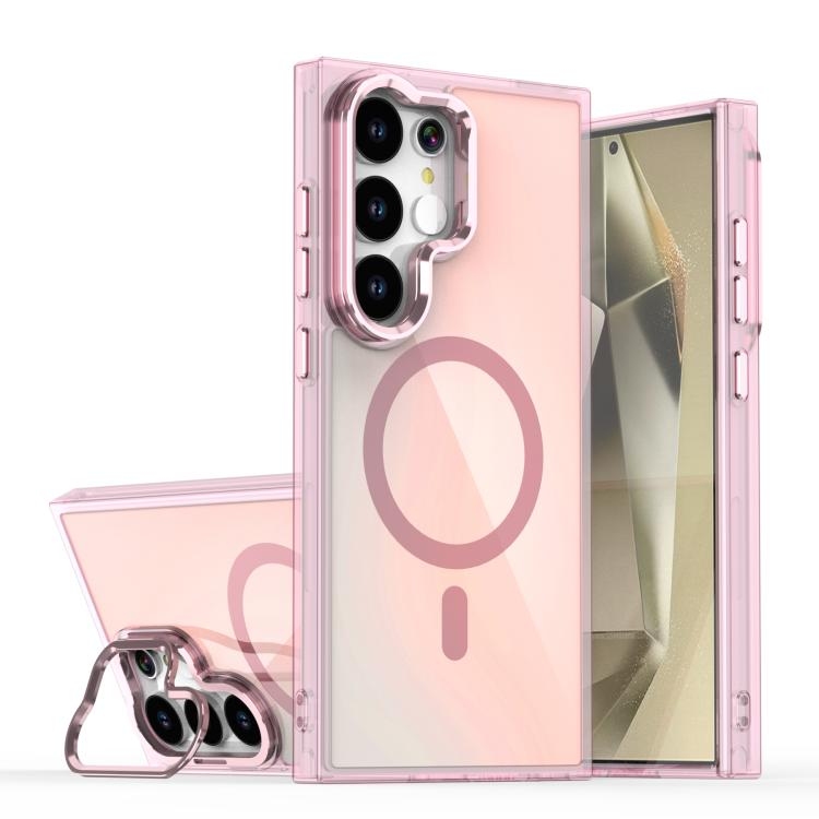 Samsung S25 Ultra 5G Plating Gradient Discolor MagSafe Phone Husa with Holder(Pink)