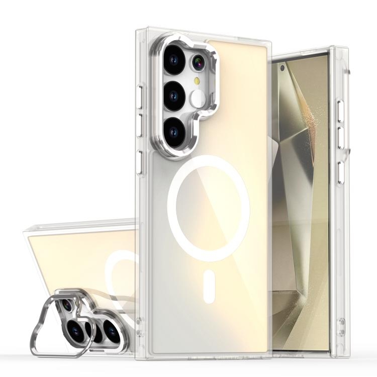 Samsung S25 Ultra 5G Plating Gradient Discolor MagSafe Phone Husa with Holder(White)