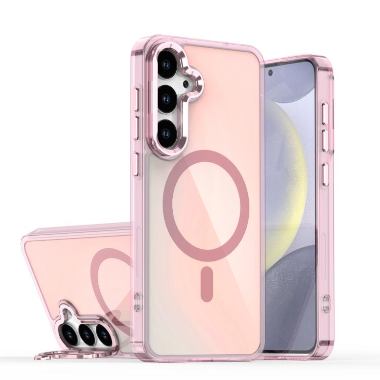 Samsung S26 5G Plating Gradient Discolor MagSafe Phone Husa with Holder(Pink)