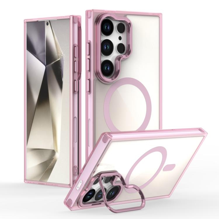 Samsung S26 Ultra 5G Plating Gradient Discolor MagSafe Phone Husa with Holder(Pink)