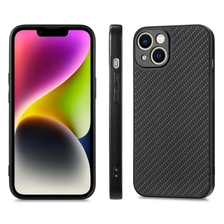 iPhone 13 Carbon Fiber Texture Piele Back Cover Husa (Black)