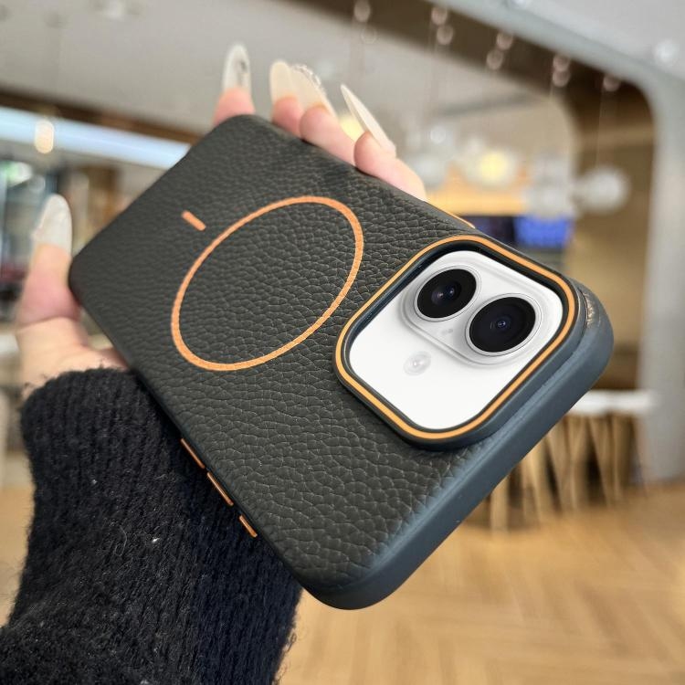 iPhone 16 Thin Circle MagSafe Litchi Grain TPU Phone Husa (Black)