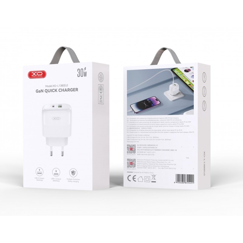 XO L138(EU) European Standard PD30W/QC18W (1USB-A+1USB-C) Fast Chargers White