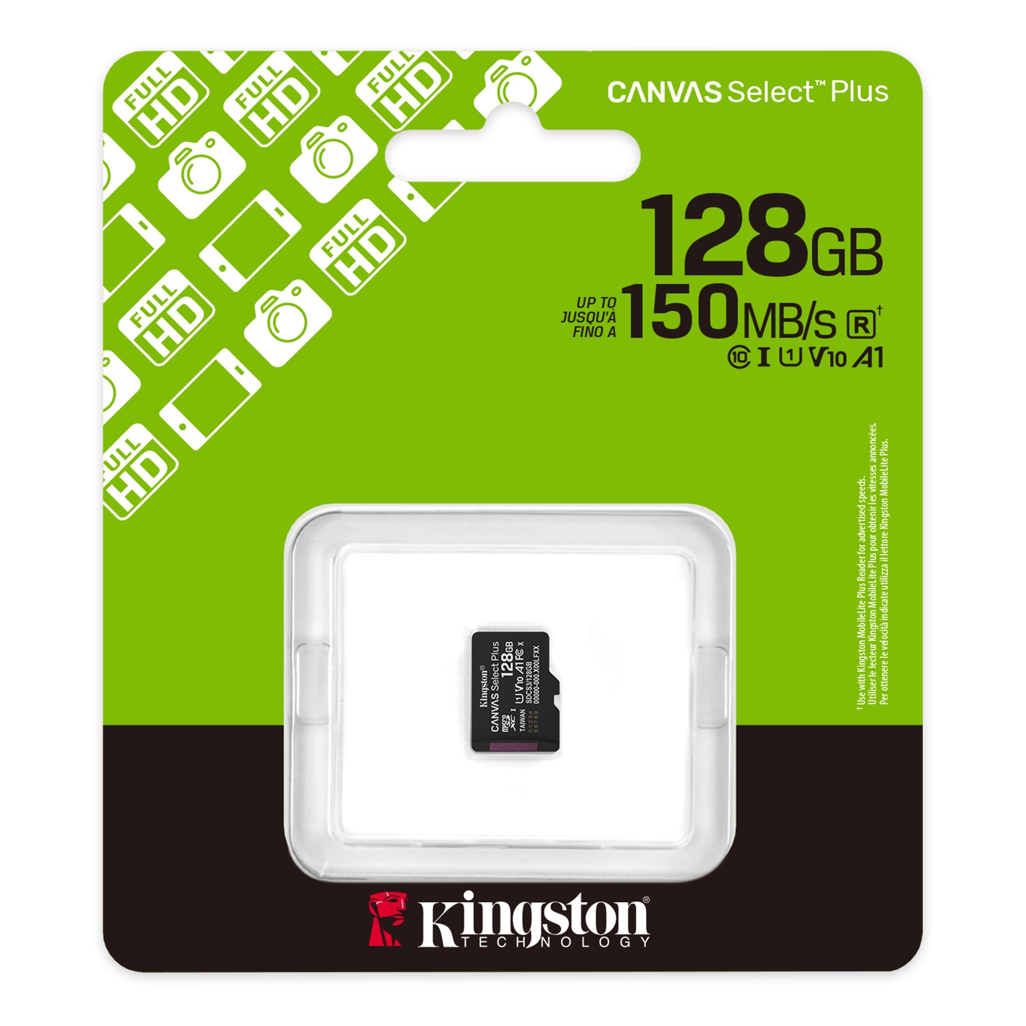 .128GB MicroSD (Class 10) UHS-I (U1) +SD adapter, Kingston Canvas  Select Plus Gen3 'SDCS3/128GB'  (