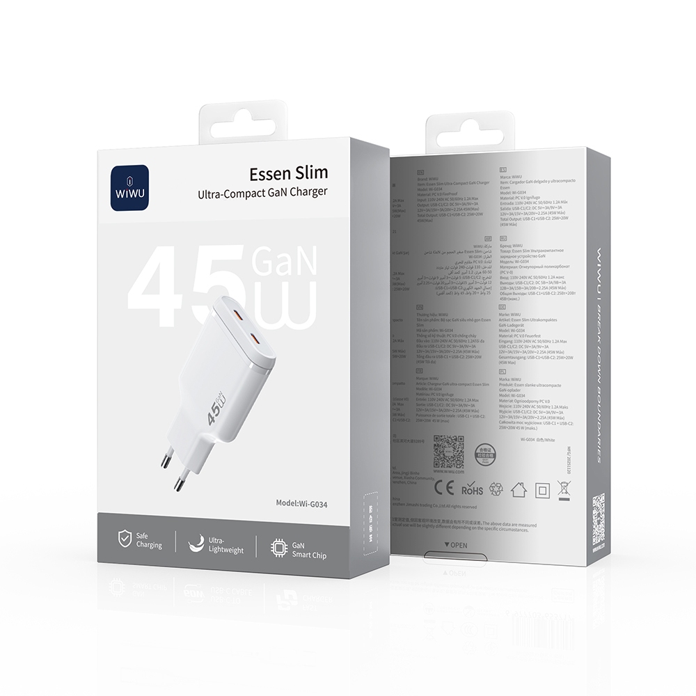 Wiwu 45W Essen Slim Ultra-Compact GaN Charger Wi-G034 White